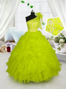 One Shoulder Sleeveless Floor Length Embroidery and Ruffles Lace Up Little Girls Pageant Gowns with Yellow Green