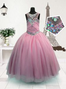 Scoop Sleeveless Little Girls Pageant Gowns Floor Length Beading Pink Organza