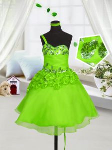 Super A-line One Shoulder Sleeveless Organza Knee Length Lace Up Beading and Hand Made Flower Little Girls Pageant Dress Wholesale