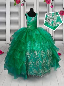 Best Sleeveless Floor Length Appliques and Ruffled Layers Lace Up Kids Formal Wear with Green