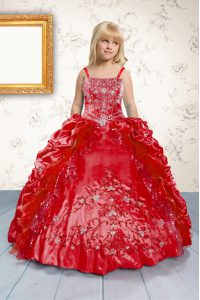Custom Designed Satin Spaghetti Straps Sleeveless Lace Up Beading and Appliques and Pick Ups Girls Pageant Dresses in Red