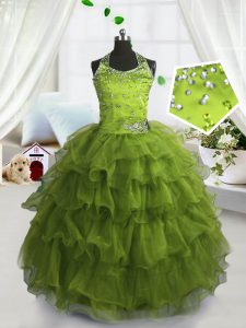Olive Green Little Girls Pageant Dress Wholesale Party and Wedding Party with Beading and Ruffled Layers Scoop Sleeveless Lace Up