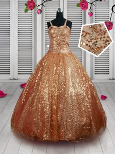 Sequins Floor Length Ball Gowns Sleeveless Rust Red Little Girl Pageant Dress Lace Up