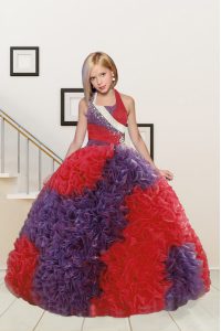 Beautiful Red and Purple Fabric With Rolling Flowers Lace Up Halter Top Sleeveless Floor Length Pageant Gowns For Girls Beading and Ruffles