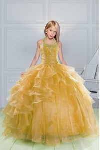 Halter Top Sleeveless Lace Up Pageant Gowns For Girls Orange Organza
