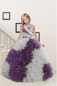 Custom Made Halter Top White And Purple Sleeveless Beading and Ruffles Floor Length Kids Formal Wear