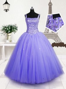 High Class Lavender Sleeveless Floor Length Beading and Sequins Lace Up Little Girls Pageant Dress Wholesale