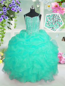 Attractive Turquoise Sleeveless Floor Length Beading and Ruffles and Pick Ups Lace Up Little Girls Pageant Gowns