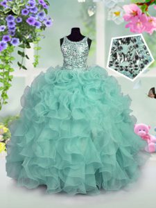 Scoop Floor Length Turquoise Little Girls Pageant Gowns Organza Sleeveless Ruffles and Sequins