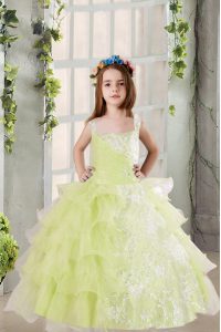 Square Sleeveless Little Girls Pageant Gowns Floor Length Lace and Ruffled Layers Light Yellow Organza