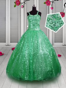 Green Ball Gowns Sequins Little Girls Pageant Dress Wholesale Lace Up Sequined Sleeveless Floor Length