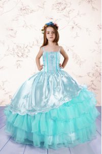 Stylish Embroidery and Ruffled Layers Child Pageant Dress Turquoise Lace Up Sleeveless Floor Length