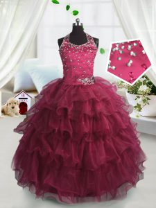 Watermelon Red Scoop Lace Up Beading and Ruffled Layers Little Girls Pageant Gowns Sleeveless