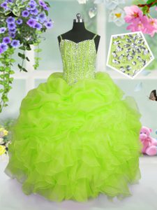 Yellow Green Ball Gowns Beading and Ruffles and Pick Ups Little Girl Pageant Dress Lace Up Organza Sleeveless Floor Length