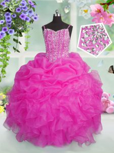 Hot Sale Organza Spaghetti Straps Sleeveless Lace Up Beading and Ruffles and Pick Ups Child Pageant Dress in Baby Pink