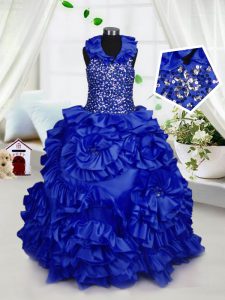 Wonderful Taffeta Halter Top Sleeveless Zipper Beading and Ruffles Little Girl Pageant Gowns in Royal Blue