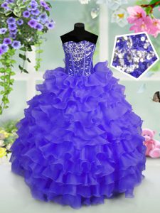 Sequins Ruffled Ball Gowns Girls Pageant Dresses Blue Sweetheart Organza Sleeveless Floor Length Lace Up