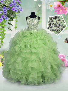 Unique Scoop Apple Green Sleeveless Ruffles and Sequins Floor Length Pageant Gowns For Girls
