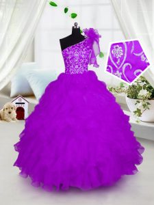 One Shoulder Short Sleeves Floor Length Appliques and Ruffles Lace Up Little Girl Pageant Dress with Fuchsia