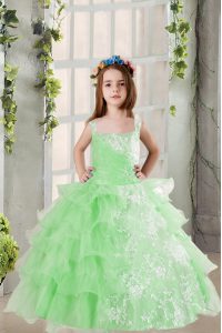 Apple Green Sleeveless Floor Length Lace and Ruffled Layers Lace Up Child Pageant Dress