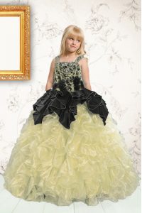 Champagne Organza Lace Up Pageant Gowns For Girls Sleeveless Floor Length Beading and Pick Ups