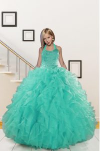 Halter Top Floor Length Turquoise Kids Pageant Dress Organza Sleeveless Beading and Ruffles