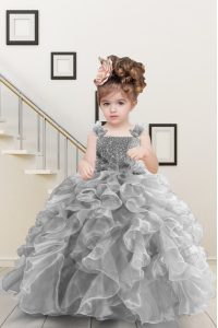 Admirable Grey Pageant Gowns For Girls Military Ball and Sweet 16 and Quinceanera with Beading and Ruffles Straps Sleeveless Lace Up