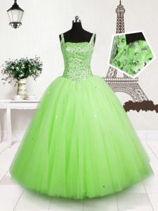 Sequins Ball Gowns Child Pageant Dress Apple Green Straps Tulle Sleeveless Floor Length Lace Up