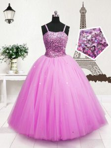 Hot Pink Ball Gowns Tulle Spaghetti Straps Sleeveless Beading and Sequins Floor Length Zipper Kids Formal Wear