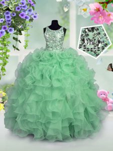 Elegant Scoop Apple Green Organza Zipper Little Girl Pageant Dress Sleeveless Floor Length Ruffles and Sequins