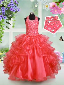 Halter Top Watermelon Red Sleeveless Floor Length Beading and Ruffled Layers Lace Up Kids Pageant Dress