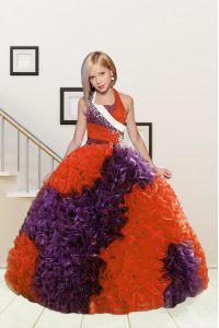Perfect Purple and Orange Red Fabric With Rolling Flowers Lace Up Halter Top Sleeveless Floor Length Kids Pageant Dress Beading and Ruffles