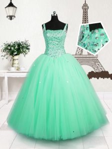 Perfect Turquoise Lace Up Straps Beading and Sequins Little Girl Pageant Dress Tulle Sleeveless