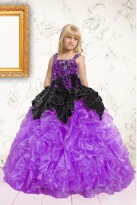 Sweet Floor Length Black and Purple Kids Pageant Dress Straps Sleeveless Lace Up