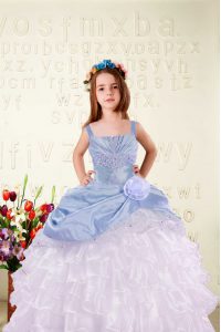 Floor Length Light Blue Kids Formal Wear Organza Sleeveless Beading and Ruffled Layers and Hand Made Flower