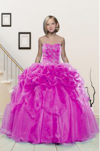 Amazing Fuchsia Little Girls Pageant Gowns Party and Wedding Party with Beading and Pick Ups Sweetheart Sleeveless Lace Up
