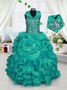 Perfect Turquoise Zipper Halter Top Beading and Ruffles Little Girl Pageant Dress Taffeta Sleeveless