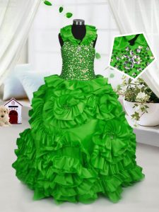 Affordable Halter Top Sleeveless Taffeta Floor Length Zipper Little Girl Pageant Dress in with Beading and Ruffles