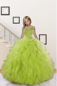 High Class Olive Green Ball Gowns Organza Halter Top Sleeveless Beading and Ruffles Floor Length Lace Up Girls Pageant Dresses