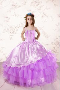 Fancy Organza Spaghetti Straps Sleeveless Lace Up Embroidery and Ruffled Layers Kids Pageant Dress in Fuchsia