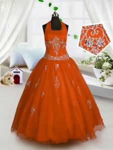 Popular Red A-line Halter Top Sleeveless Tulle Floor Length Lace Up Appliques Little Girls Pageant Dress Wholesale