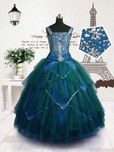 Most Popular Floor Length Teal Little Girls Pageant Dress Wholesale Straps Sleeveless Lace Up