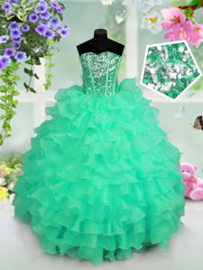Sweetheart Sleeveless Pageant Gowns For Girls Floor Length Ruffled Layers and Sequins Turquoise Organza