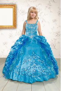 Turquoise Ball Gowns Spaghetti Straps Sleeveless Satin Floor Length Lace Up Beading and Appliques and Pick Ups Little Girl Pageant Gowns