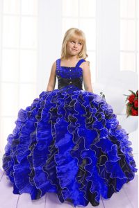 Dazzling Floor Length Lace Up Kids Pageant Dress Blue And Black for Party and Wedding Party with Beading and Ruffles