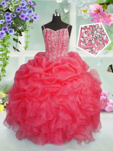 Sleeveless Floor Length Beading and Ruffles and Pick Ups Lace Up Little Girl Pageant Gowns with Rose Pink