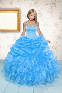 Sleeveless Floor Length Beading and Ruffles and Pick Ups Lace Up Girls Pageant Dresses with Baby Blue