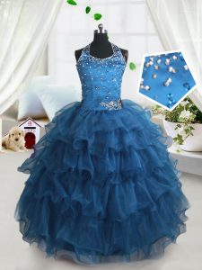 Teal Spaghetti Straps Lace Up Beading and Ruffled Layers Little Girl Pageant Dress Sleeveless