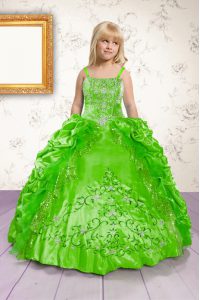 Latest Spaghetti Straps Sleeveless Satin Pageant Gowns For Girls Beading and Appliques and Pick Ups Lace Up
