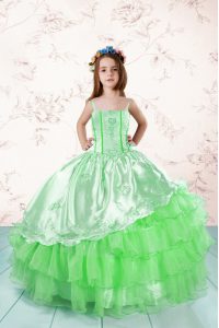Ball Gowns Organza Spaghetti Straps Sleeveless Embroidery and Ruffled Layers Floor Length Lace Up Little Girls Pageant Gowns